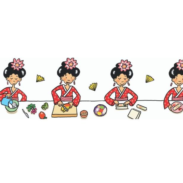 Eine stilisierte Darstellung einer Frau in einem Kimono, die verschiedene Schritte der Essenszubereitung zeigt.