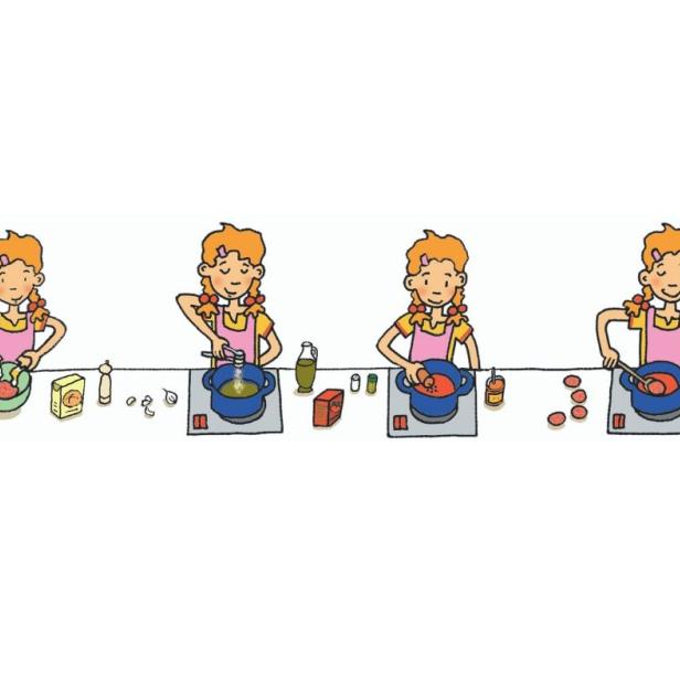 Eine Illustration, die ein Mädchen beim Kochen einer Mahlzeit in vier Schritten zeigt.