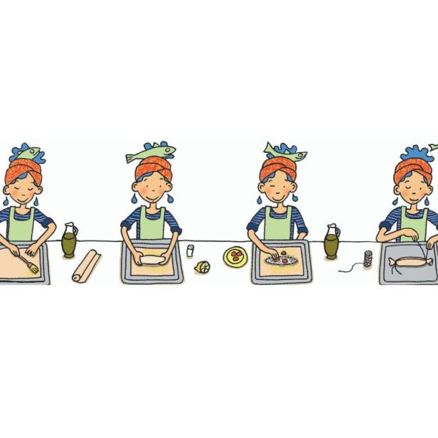 Eine Illustration, die die Zubereitung von Fisch in vier Schritten zeigt.