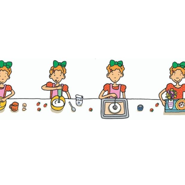 Eine Illustration, die ein Mädchen beim Backen eines Kuchens in verschiedenen Schritten zeigt.