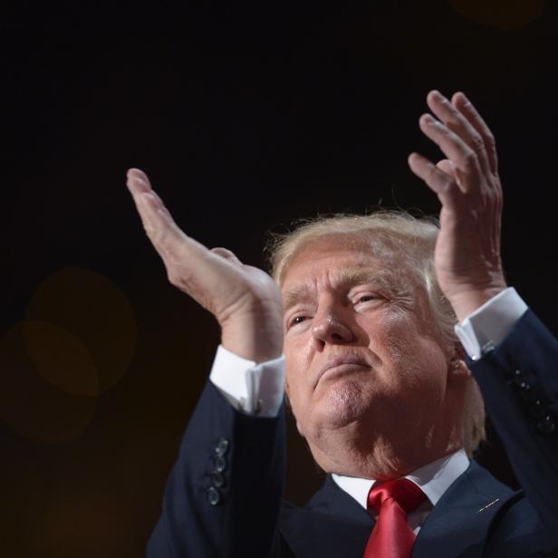 Donald Trump gestikuliert mit erhobenen Händen.