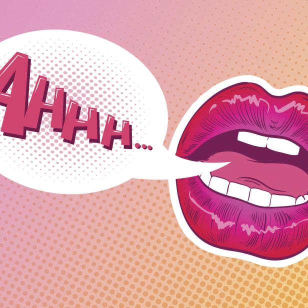 Ein geöffneter Mund mit roten Lippen und einer Sprechblase mit dem Wort „AHHH…“.
