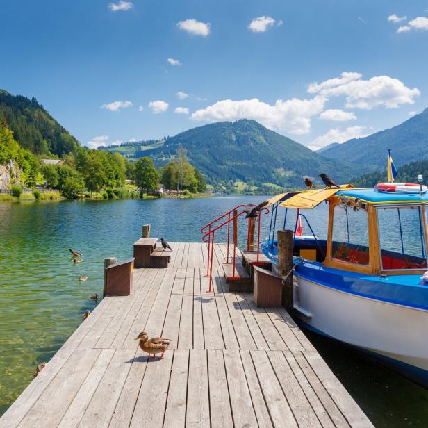 Ein blau-weißes Boot liegt an einem Holzsteg mit Enten und Krähen vor einer Bergkulisse.