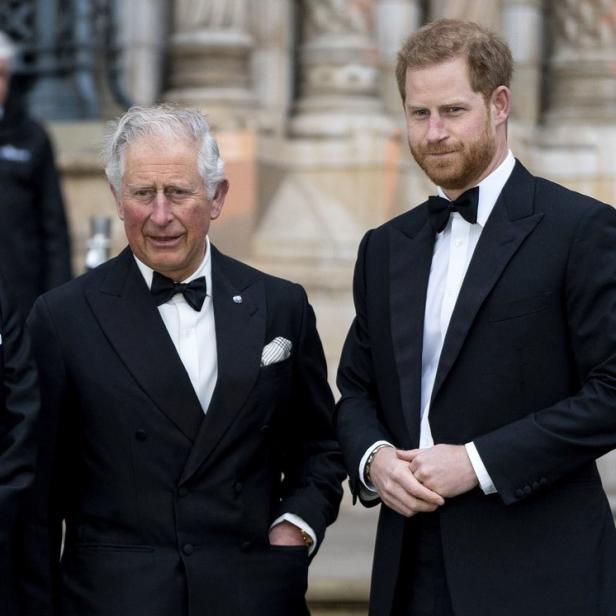 König Charles III. und Prinz Harry in formeller Abendgarderobe.