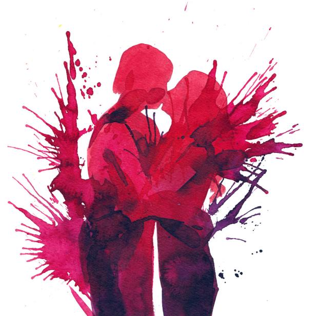 Eine Aquarellmalerei zeigt ein Paar, das sich umarmt und küsst.