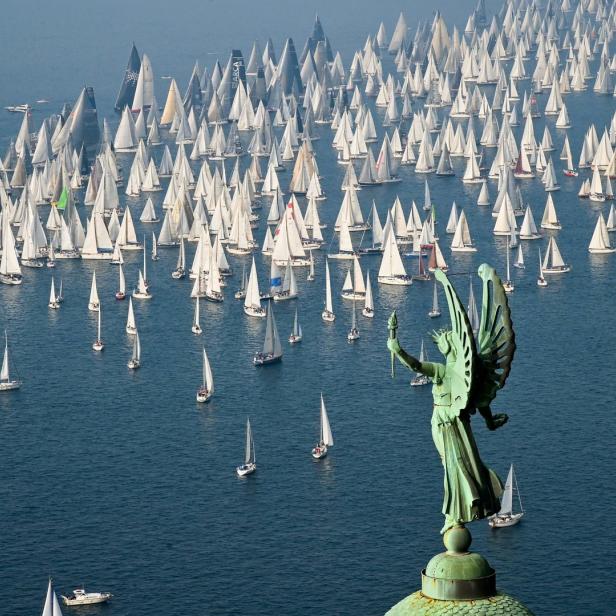 Blick auf eine Regatta mit vielen Segelbooten, im Vordergrund eine Statue.
