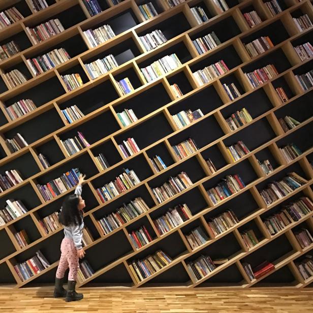 Ein Mädchen steht vor einem großen Bücherregal und versucht, ein Buch zu erreichen.