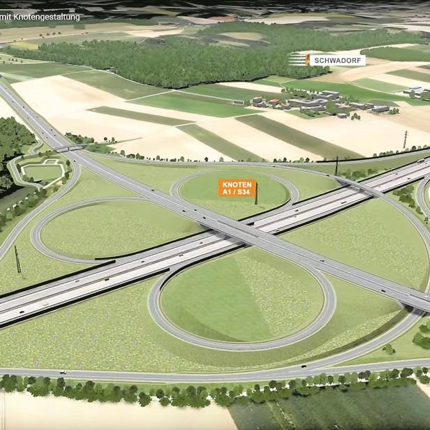 Eine Visualisierung des Autobahnknotens A1/S34 der Traisental Schnellstraße bei Schwadorf.