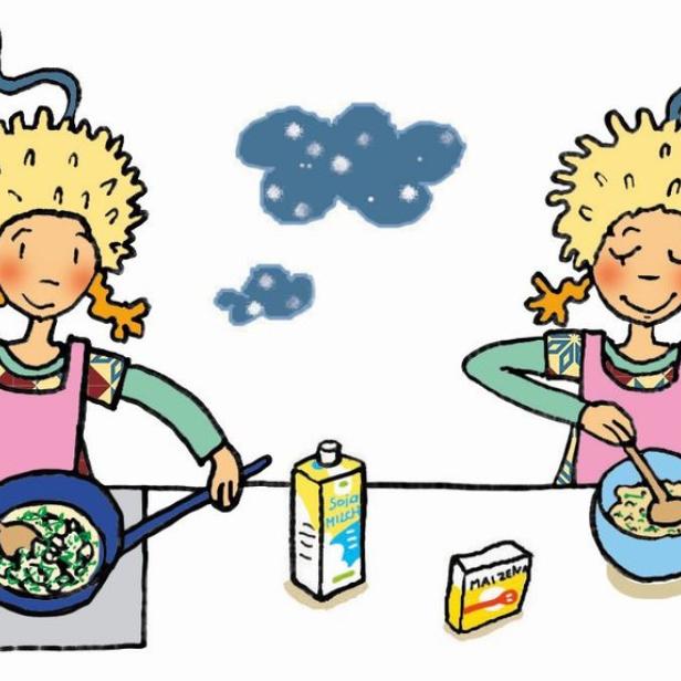 Eine blonde Comicfigur kocht in vier Schritten ein Gericht mit Gemüse und Klößen.