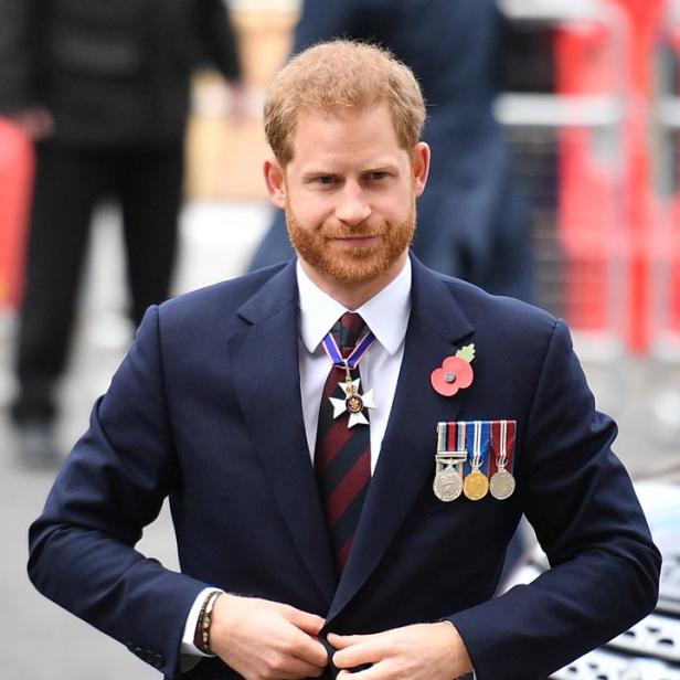 Prinz Harry in einem dunklen Anzug mit Orden und einer Mohnblume.
