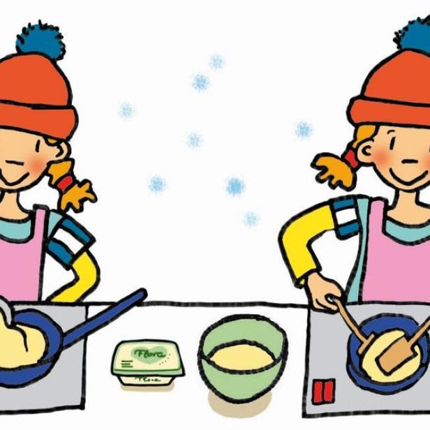 Eine Illustration, die ein Mädchen beim Pfannkuchenbacken in vier Schritten zeigt.