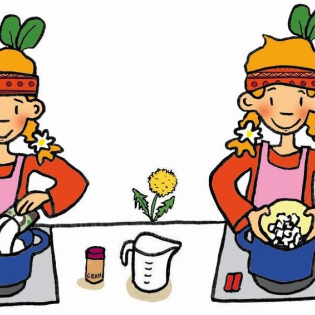Eine Illustration, die ein Mädchen beim Kochen in vier Schritten zeigt.