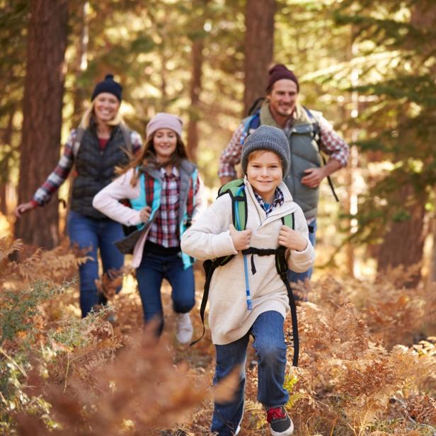 Eine Familie wandert im Herbst durch einen Wald.