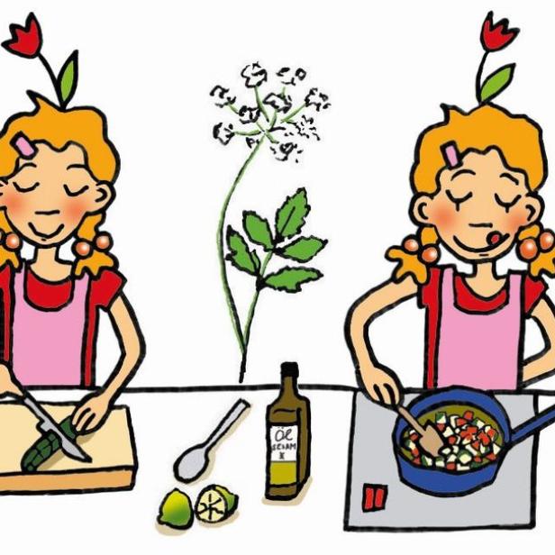Eine stilisierte Illustration, die ein Mädchen beim Kochen verschiedener Zutaten zeigt.