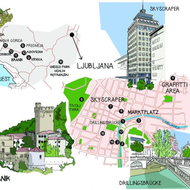 Eine illustrierte Karte von Ljubljana und Umgebung mit Sehenswürdigkeiten wie dem Tivoli-Park und der Burg Branik.