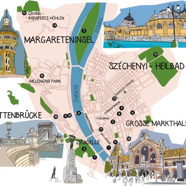 Eine illustrierte Karte von Budapest mit Sehenswürdigkeiten wie der Kettenbrücke und dem Széchenyi-Heilbad.