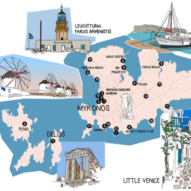 Eine illustrierte Karte der griechischen Insel Mykonos mit Sehenswürdigkeiten wie Windmühlen und dem Leuchtturm Armenistis.