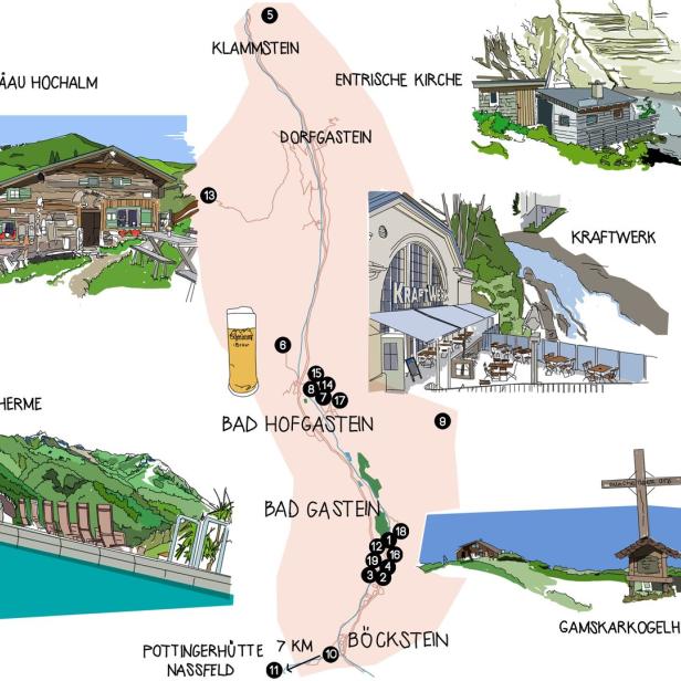 Eine illustrierte Karte der Gasteiner Region mit Sehenswürdigkeiten wie Klammstein und der Felsentherme.
