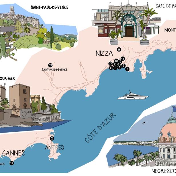 Eine illustrierte Karte der Côte d'Azur mit Sehenswürdigkeiten wie Nizza, Cannes und Monaco.