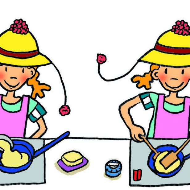 Eine Illustration, die ein Mädchen mit gelbem Hut zeigt, das Pfannkuchen zubereitet.