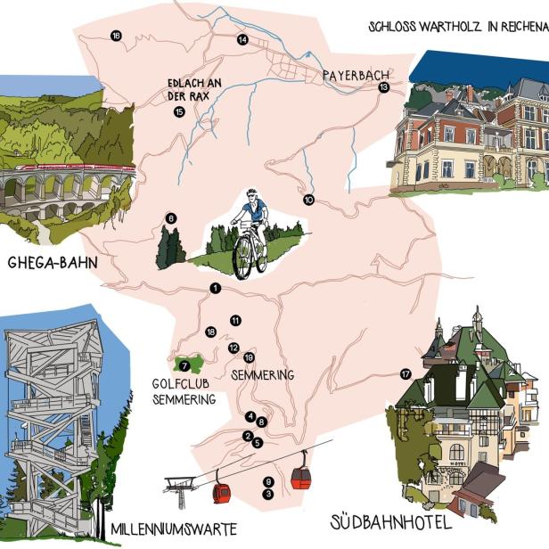 Eine Karte der Semmeringbahn mit Sehenswürdigkeiten wie der Ghega-Bahn und dem Südbahnhotel.