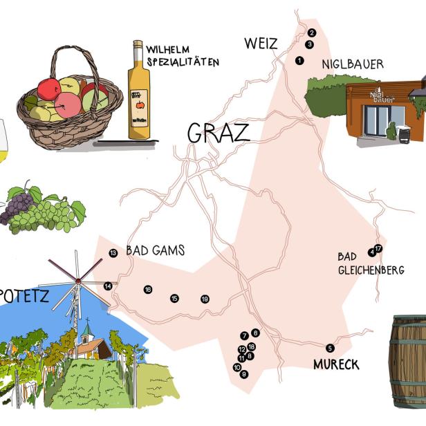 Eine illustrierte Karte der Steiermark mit Sehenswürdigkeiten wie Graz, Klapotetz und Wilhelm Spezialitäten.
