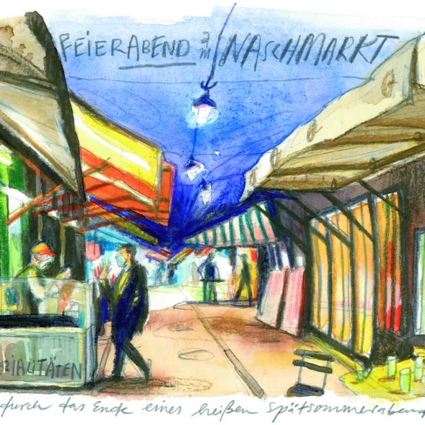 Eine Aquarellzeichnung des Wiener Naschmarkts am Abend.