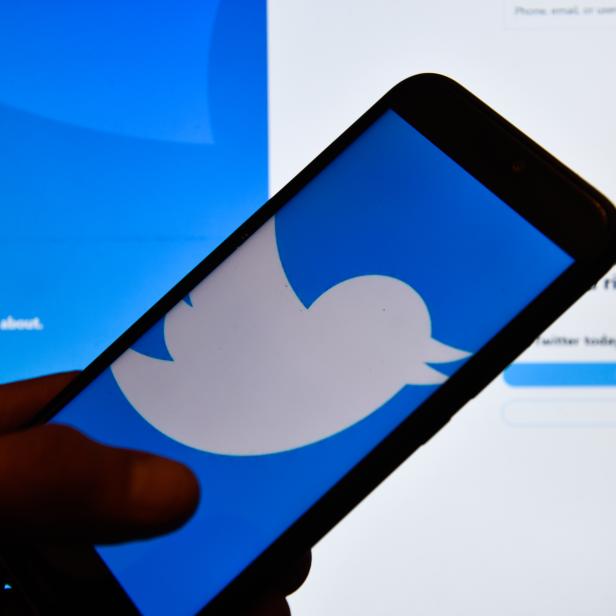 Ein Smartphone zeigt das Twitter-Logo vor einem Computerbildschirm mit der Twitter-Anmeldeseite.