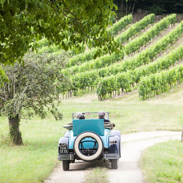 Ein Oldtimer fährt auf einem Feldweg durch einen Weinberg.
