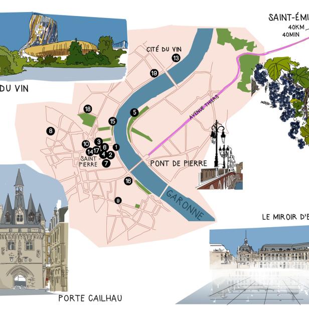 Eine illustrierte Karte von Bordeaux mit Sehenswürdigkeiten wie Cité du Vin und Porte Cailhau.