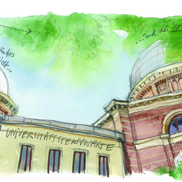 Eine Aquarellzeichnung der Universitätssternwarte mit ihren zwei Kuppeln.