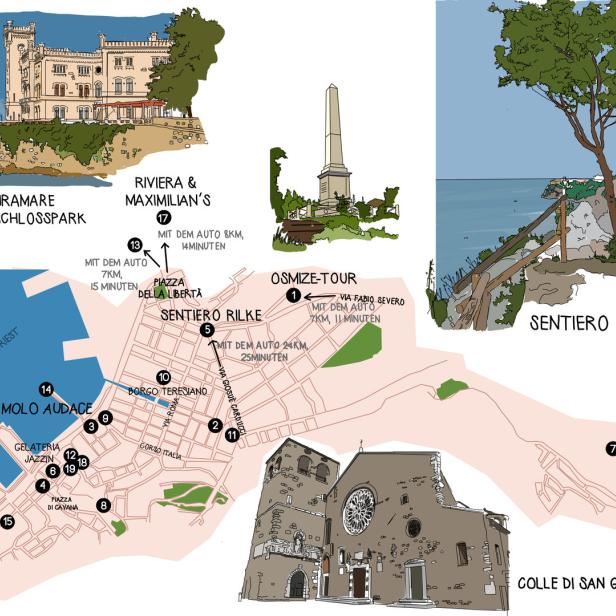 Eine illustrierte Karte von Triest mit Sehenswürdigkeiten wie Schloss Miramare und Sentiero Rilke.
