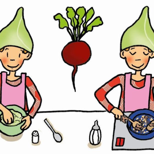 Eine stilisierte Illustration, die einen Kochprozess mit einer Figur mit Zipfelmütze zeigt.