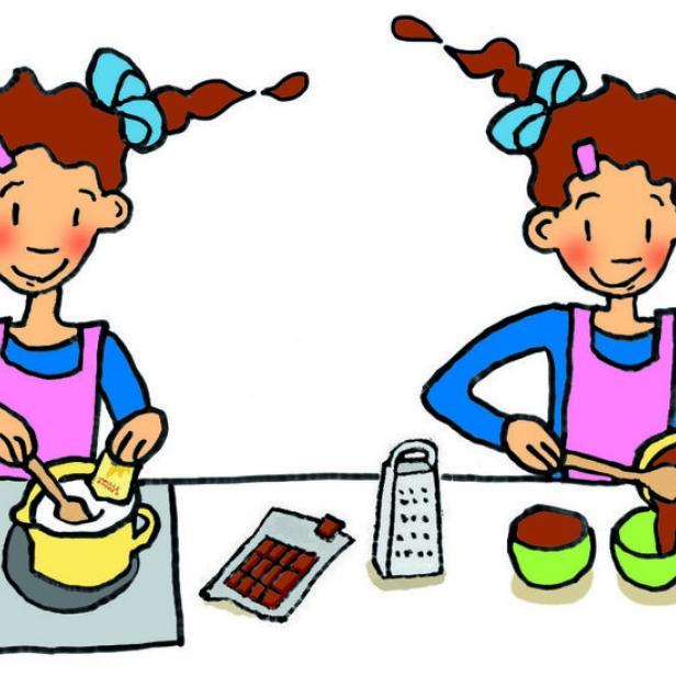Ein Mädchen bereitet in mehreren Schritten eine Schokoladenpudding zu.