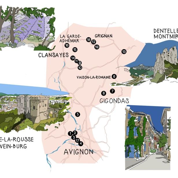 Eine illustrierte Karte der Region um Avignon mit Sehenswürdigkeiten wie Suze-la-Rousse und Grignan.