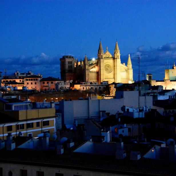 Die Kathedrale von Palma de Mallorca und umliegende Gebäude bei Nacht.