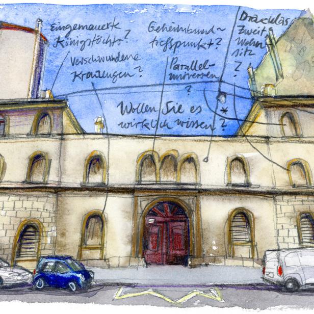 Eine Aquarellzeichnung eines mehrstöckigen Gebäudes mit Autos davor und handschriftlichen Notizen im Himmel.