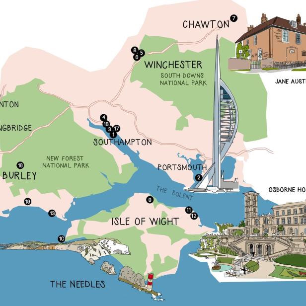 Eine illustrierte Karte der Isle of Wight und der umliegenden Gebiete mit Sehenswürdigkeiten wie Osborne House und Jane Austen Haus.