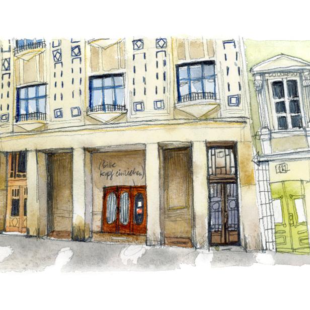 Aquarellzeichnung des Währinger Filmatheaters, erbaut im Jahr 1912.
