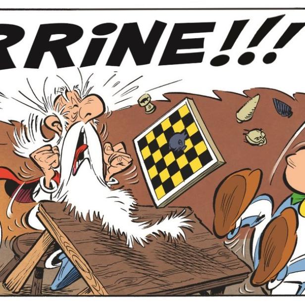 Asterix, Obelix und Miraculix werden durch die Luft geschleudert, während jemand „Terrine!!!“ ruft.
