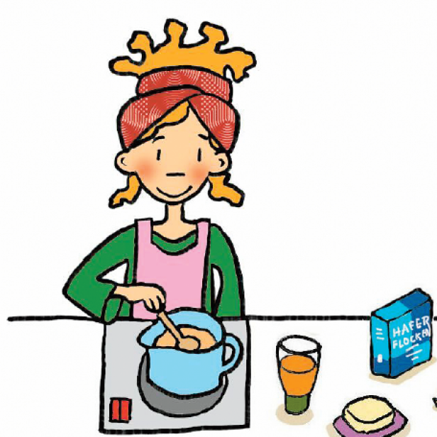 Eine Frau kocht Haferbrei in einem blauen Topf.