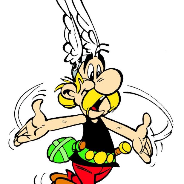 Der Comic-Charakter Asterix mit geflügeltem Helm und Schwert am Gürtel in Bewegung.