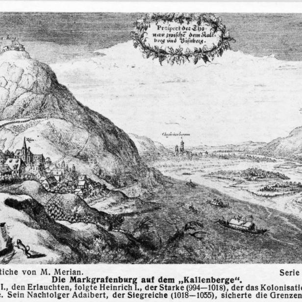 Eine historische Darstellung der Markgrafenburg auf dem „Kallenberge“ mit der Donau.