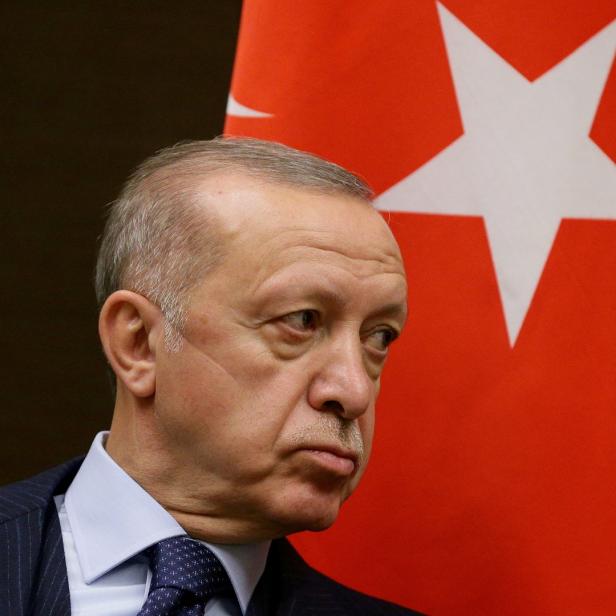 Recep Tayyip Erdoğan vor der türkischen Flagge.