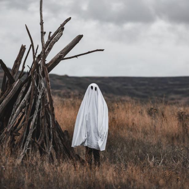 Eine Person in einem Geisterkostüm steht neben einem Stapel Ästen auf einem Feld.