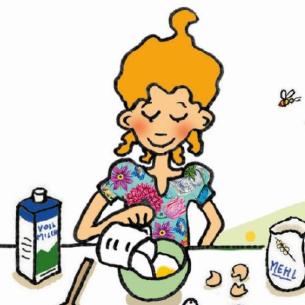 Ein Mädchen mit roten Haaren backt und gießt Milch in eine Schüssel mit Eiern.