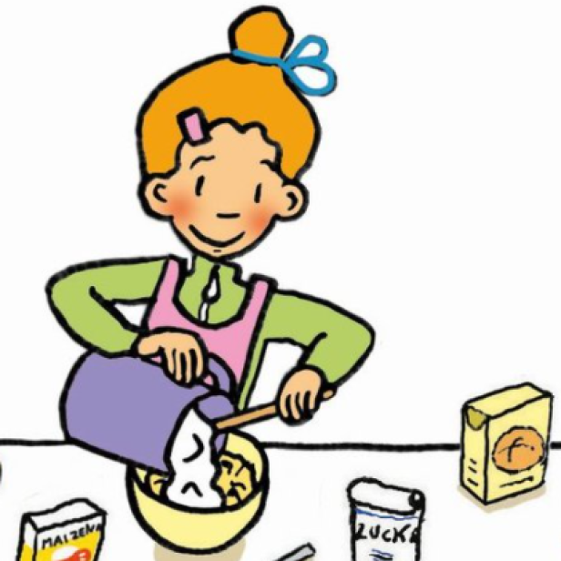 Ein Mädchen mit roten Haaren gießt Milch in eine Schüssel zum Backen.