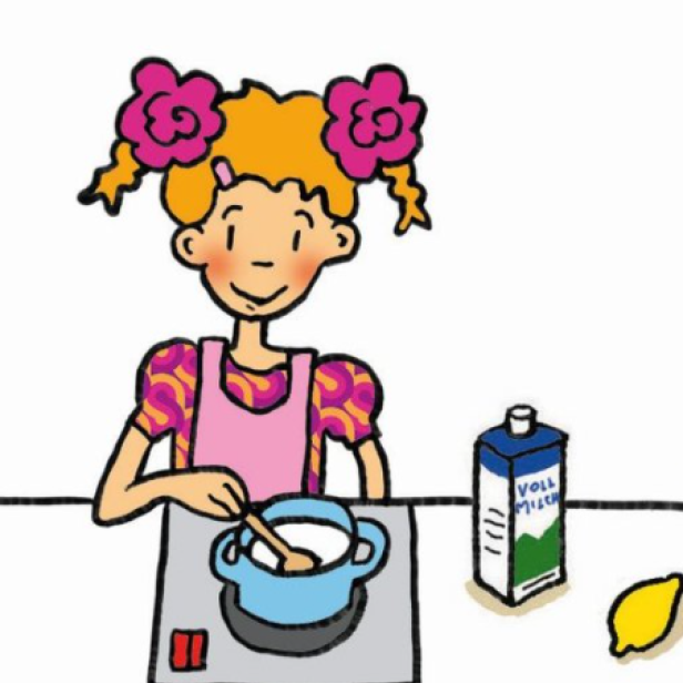 Ein Mädchen mit Zöpfen kocht mit Milch und einer Zitrone.