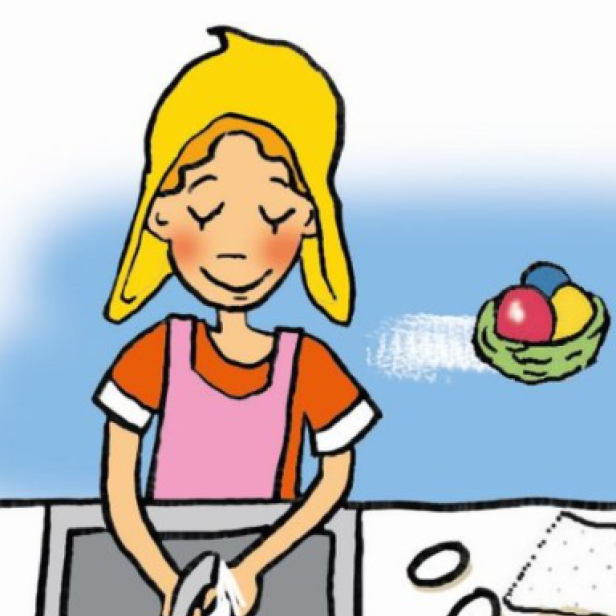 Ein Mädchen wäscht sich die Hände in der Küche, während Ostereier im Hintergrund stehen.
