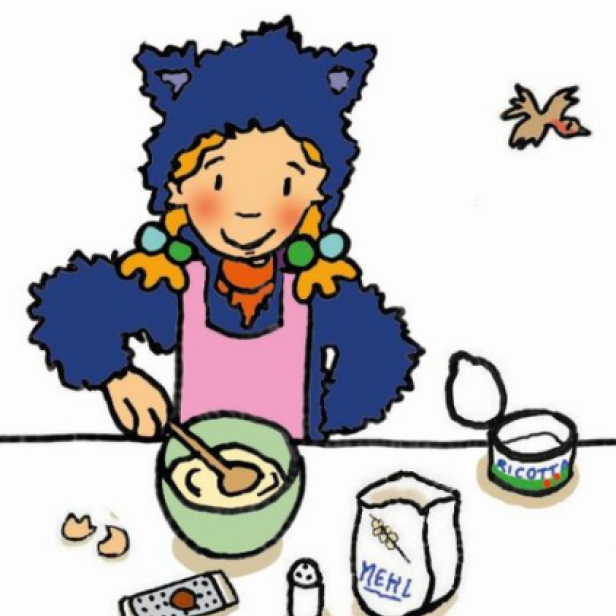 Ein Mädchen mit Bärenmütze rührt Teig in einer Schüssel; Zutaten wie Mehl und Ricotta stehen bereit.